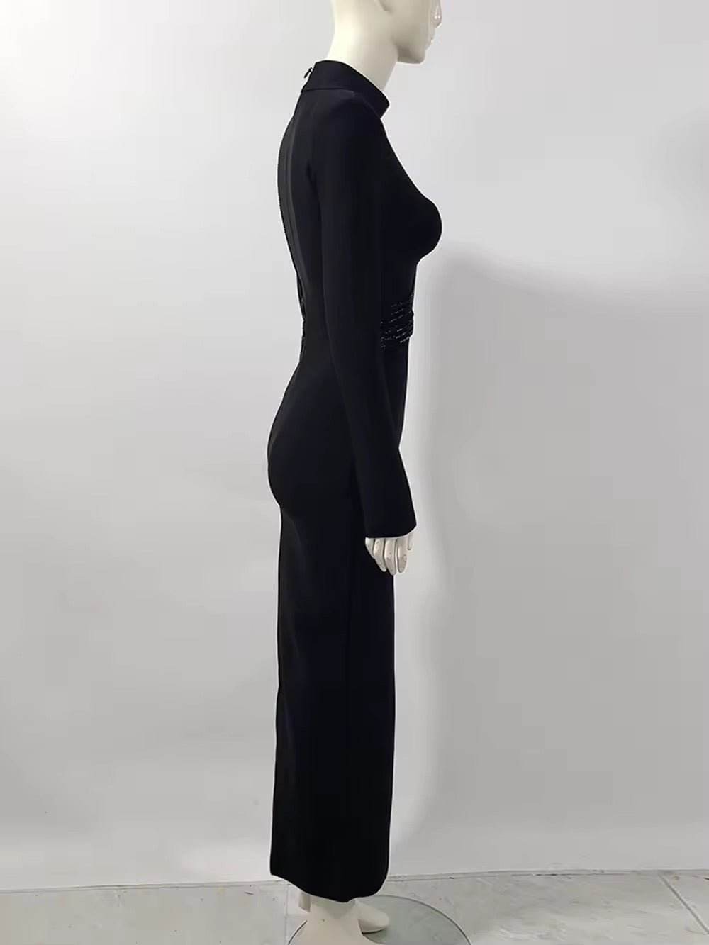 Long Sleeve Mesh Beading Black Midi Bandage Dress - REBECATHELABEL