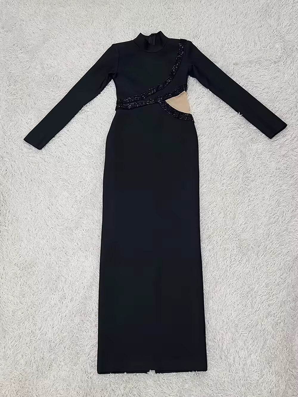 Long Sleeve Mesh Beading Black Midi Bandage Dress - REBECATHELABEL