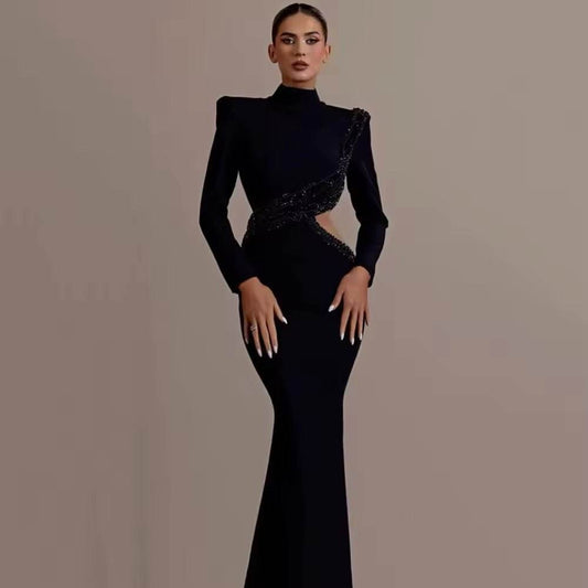 Long Sleeve Mesh Beading Black Midi Bandage Dress - REBECATHELABEL