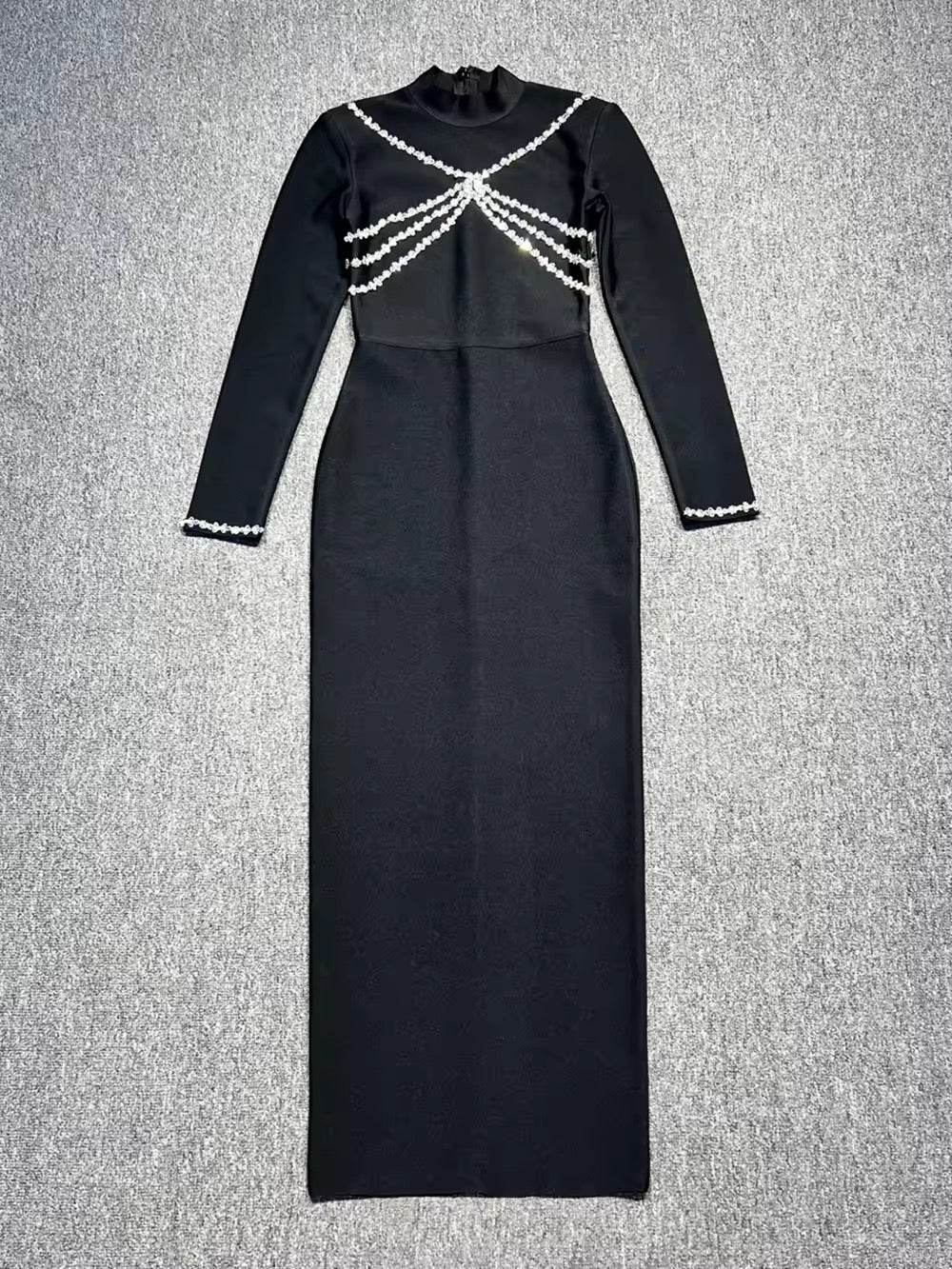 Long Sleeve Mesh Beading Black Midi Bandage Dress - REBECATHELABEL