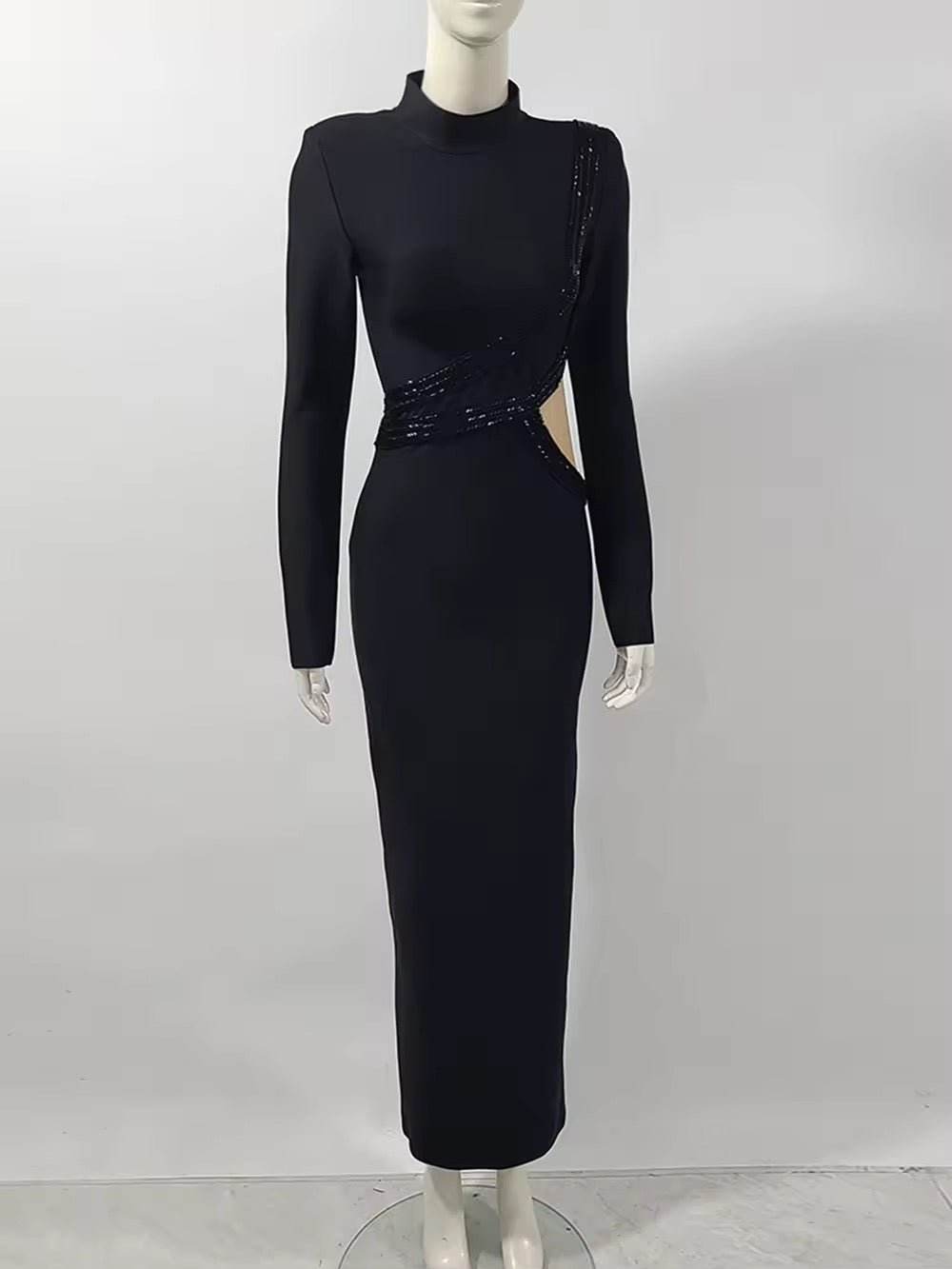 Long Sleeve Mesh Beading Black Midi Bandage Dress - REBECATHELABEL