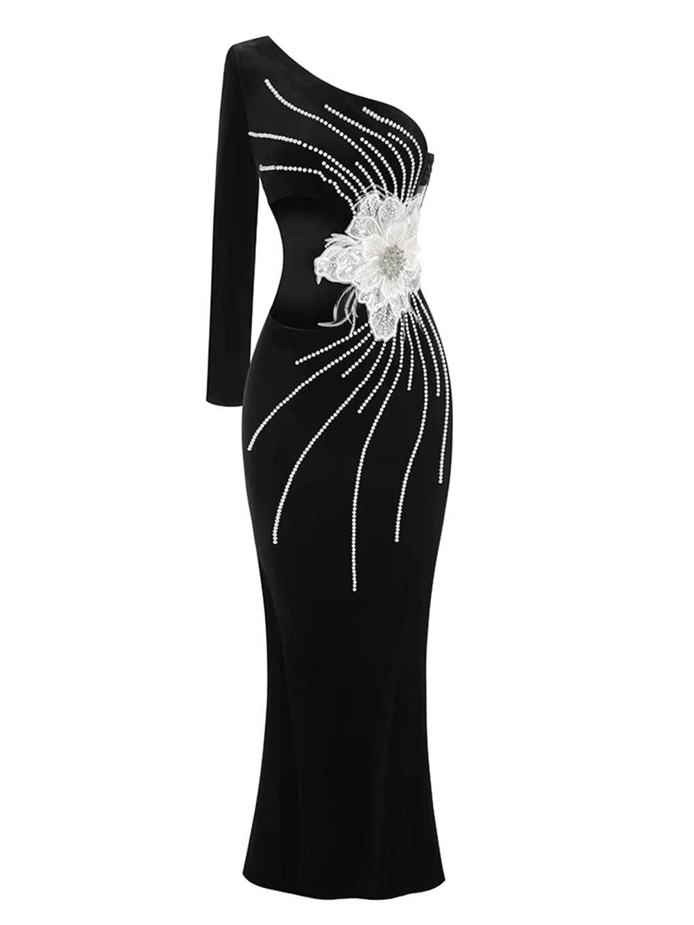 Long Sleeve One Shoulder Pearl Flower Hollow out Velvet Maxi Dress - REBECATHELABEL