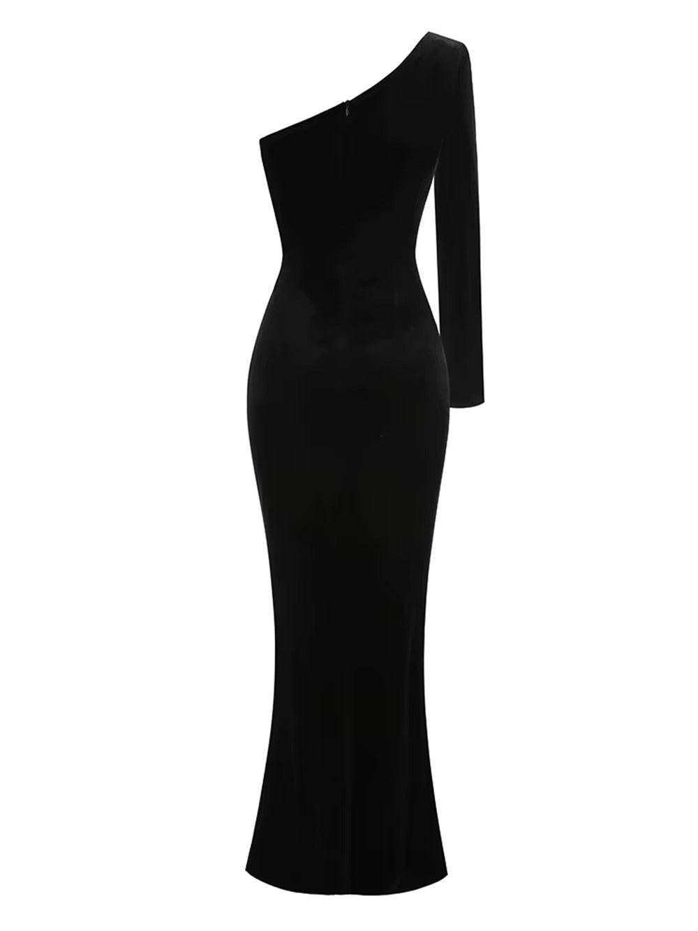 Long Sleeve One Shoulder Pearl Flower Hollow out Velvet Maxi Dress - REBECATHELABEL