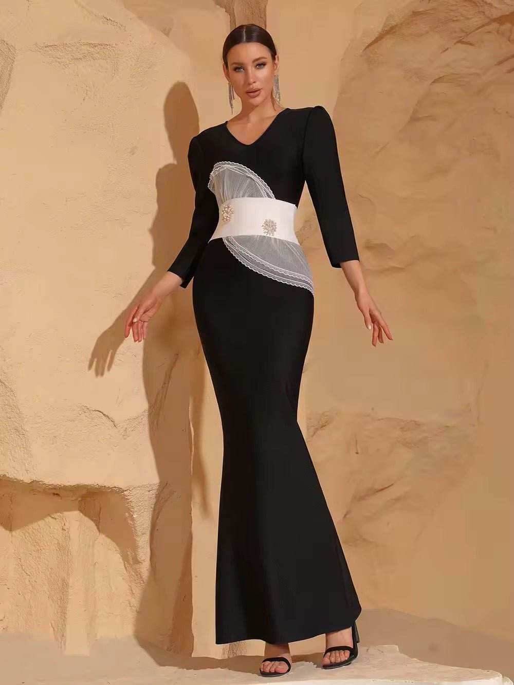 Long Sleeve Patchwork Black Maxi Long Bodycon Bandage Dress - REBECATHELABEL