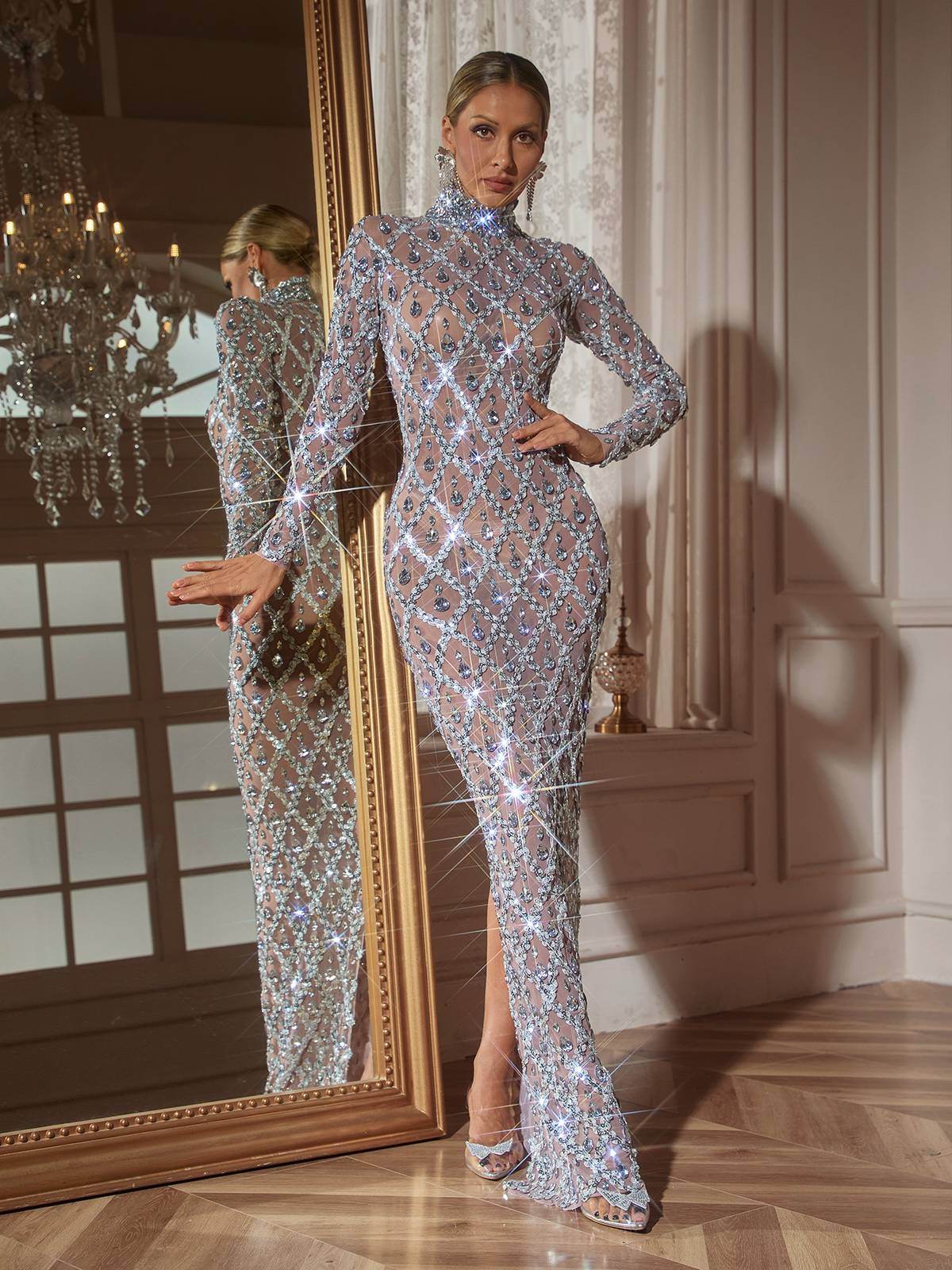 Long Sleeve Sequin Crystal Maxi Dress In Silver - REBECATHELABEL