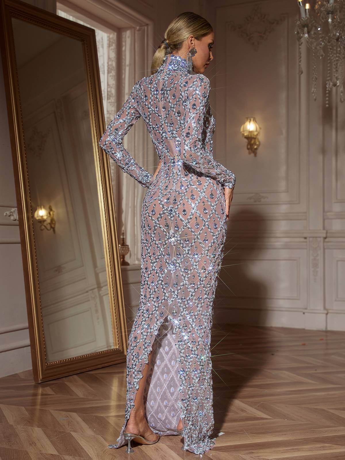 Long Sleeve Sequin Crystal Maxi Dress In Silver - REBECATHELABEL