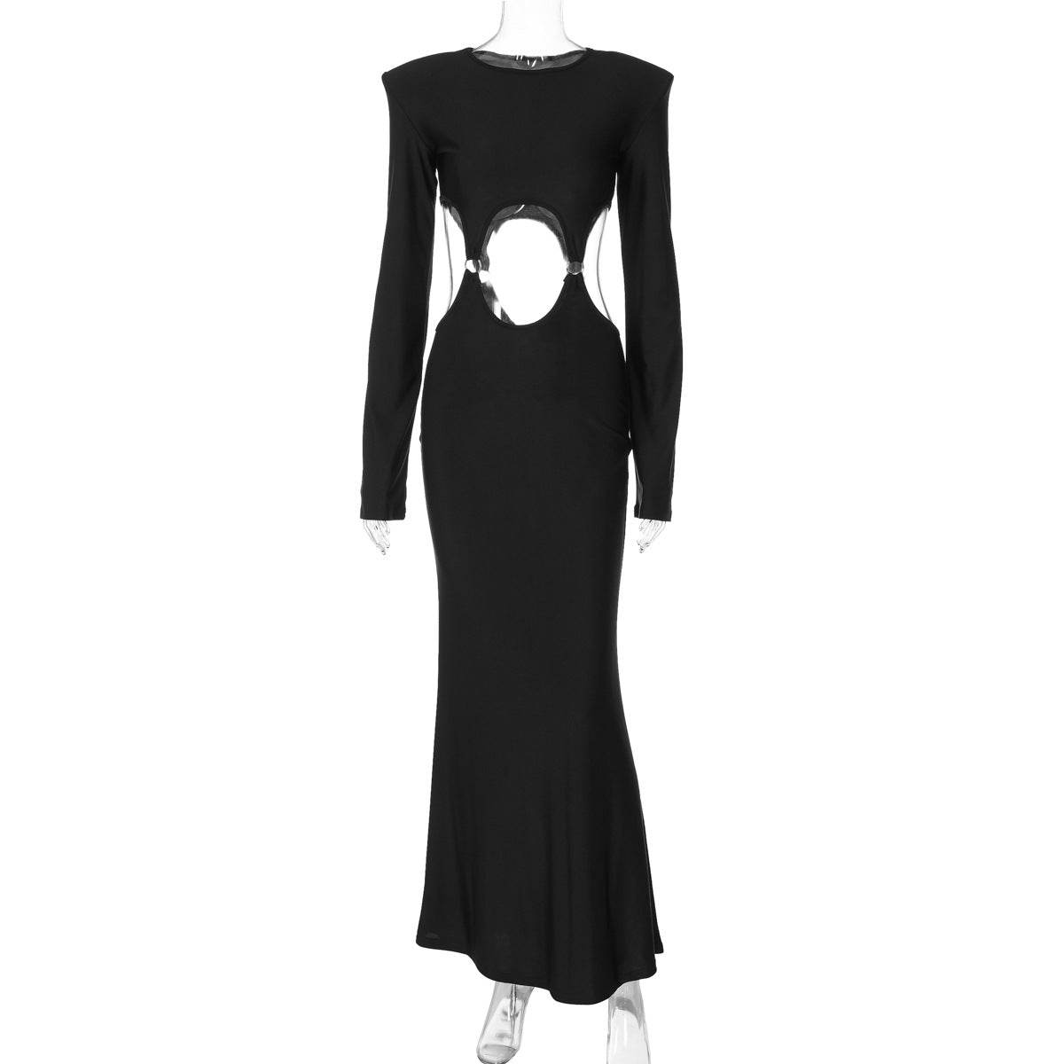 Long Sleeve Solid Color round Neck Dress Sexy Cutout Slim Fit Dress - REBECATHELABEL