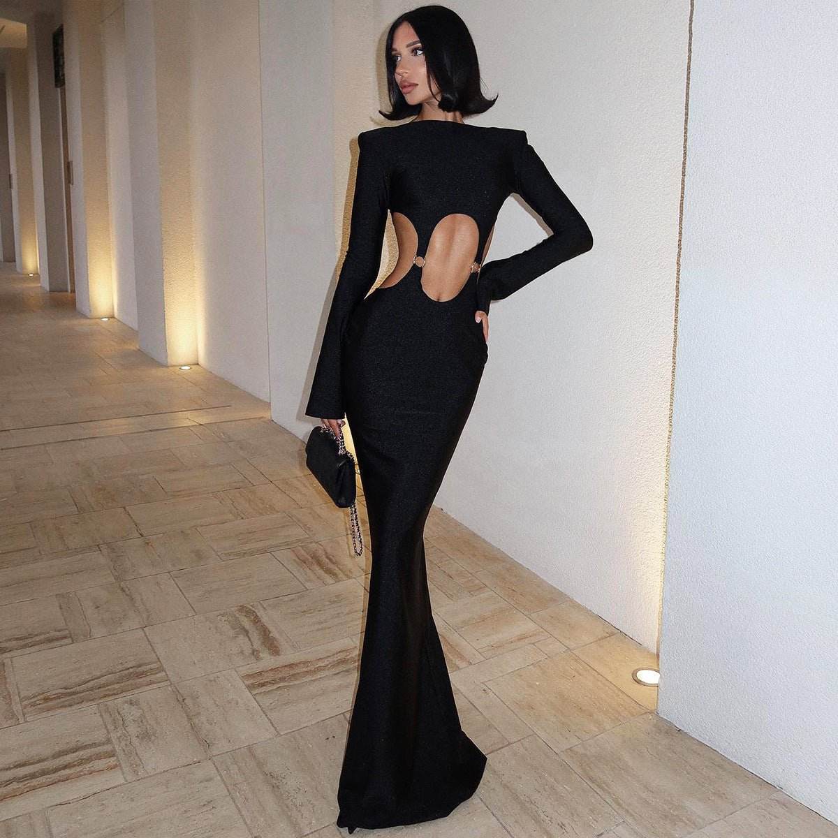 Long Sleeve Solid Color round Neck Dress Sexy Cutout Slim Fit Dress - REBECATHELABEL
