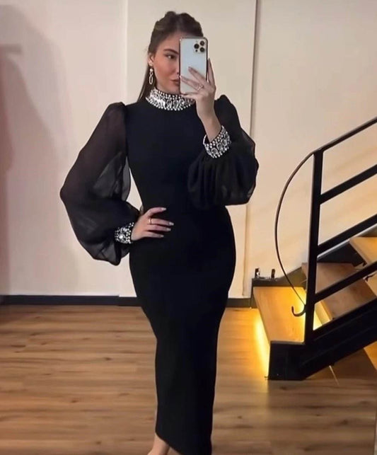 Long sleeved Round Neck Diamond dress - REBECATHELABEL