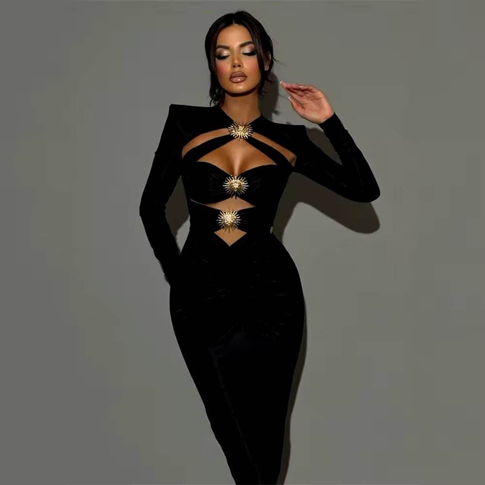 Long Sleeves Hollow out Metal Sun Design Mermaid Sexy Bandage Long Dress - REBECATHELABEL