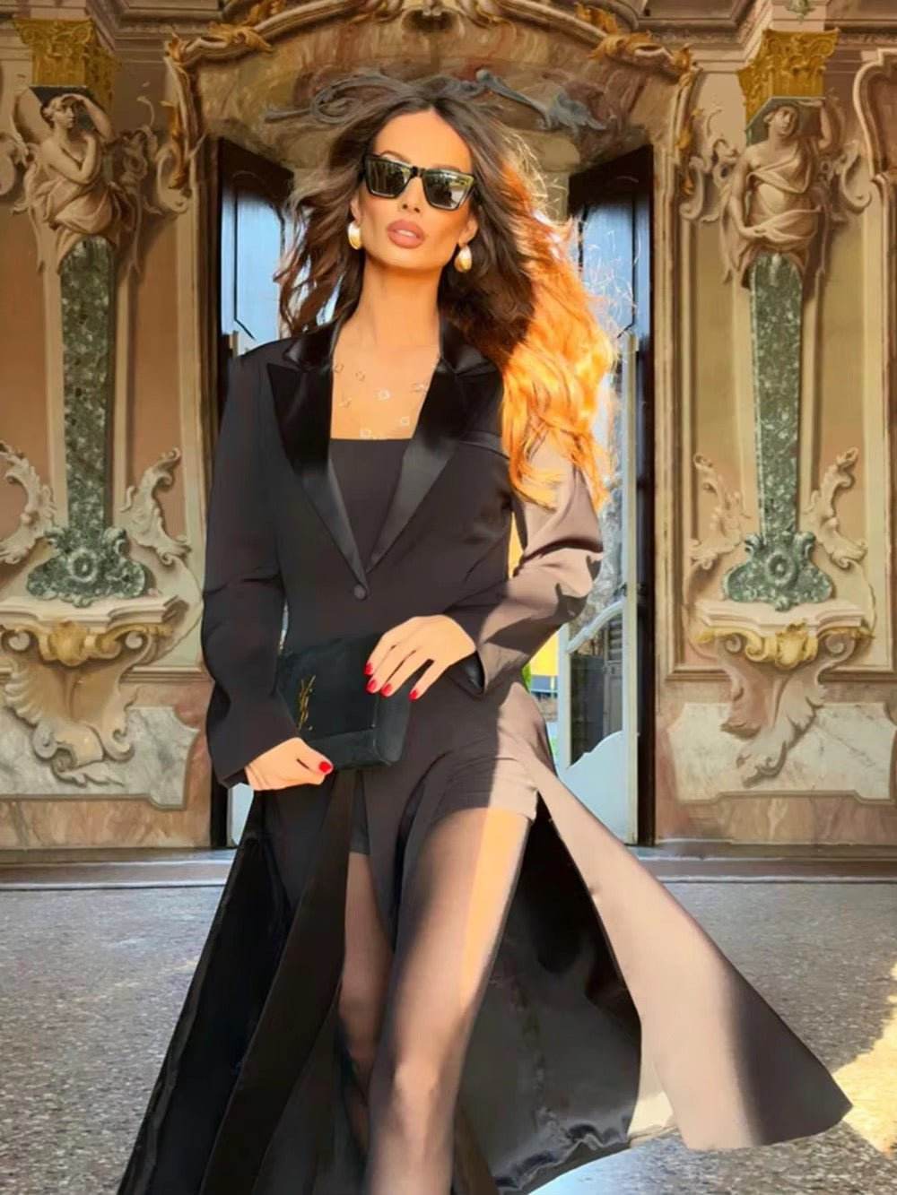 Long Trench Coat Black Slim Lapel Single buckle Long Sleeve Split Design - REBECATHELABEL