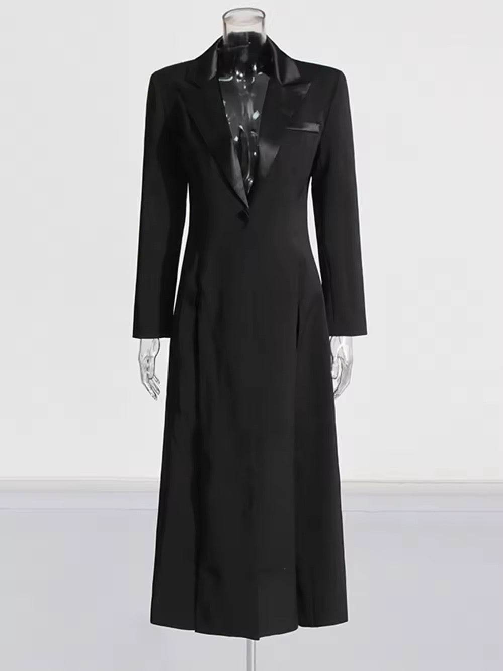 Long Trench Coat Black Slim Lapel Single buckle Long Sleeve Split Design - REBECATHELABEL
