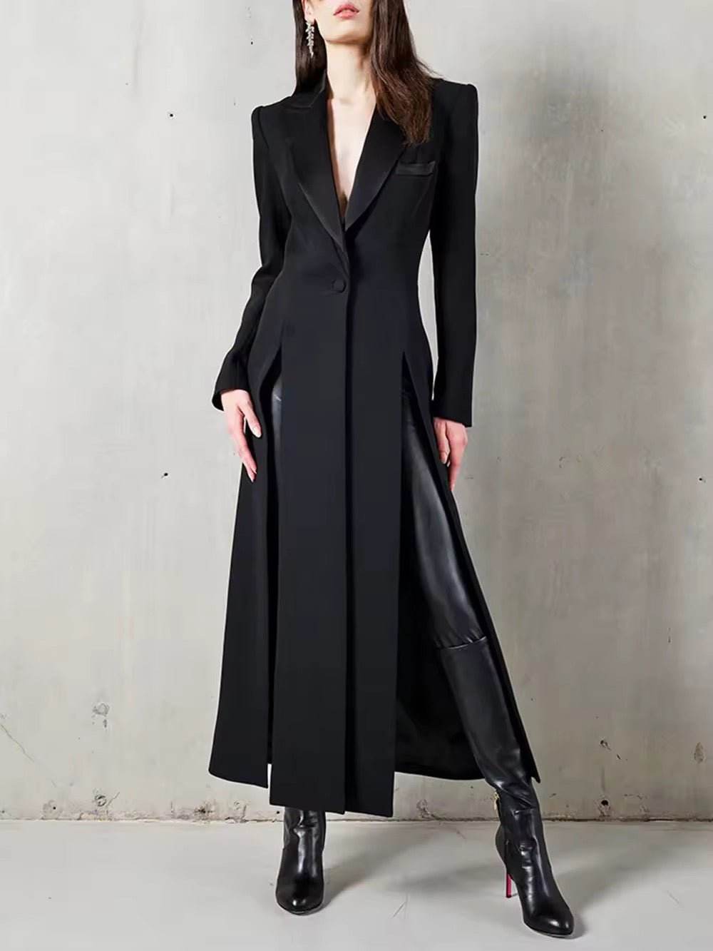 Long Trench Coat Black Slim Lapel Single buckle Long Sleeve Split Design - REBECATHELABEL