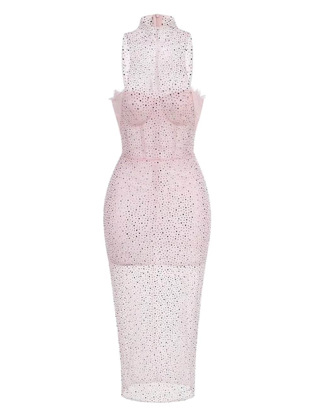 Mesh Crystal Diamond Midi Dress - REBECATHELABEL