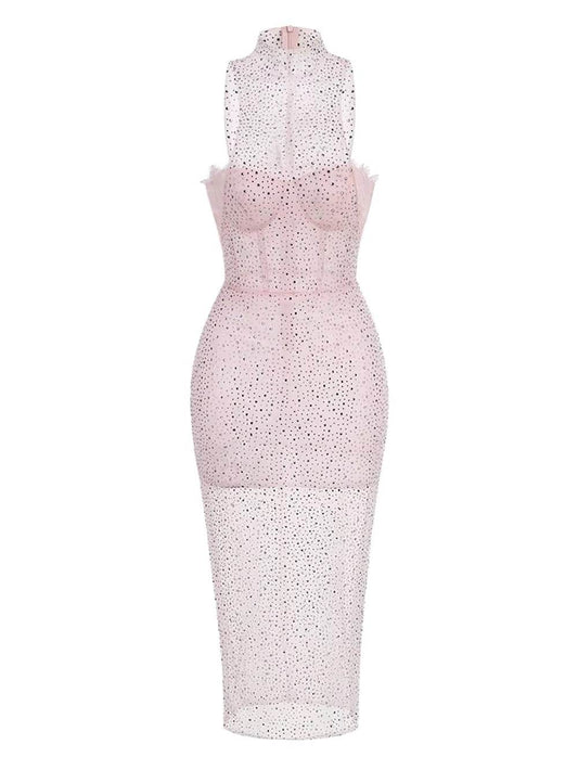 Mesh Crystal Diamond Midi Dress - REBECATHELABEL