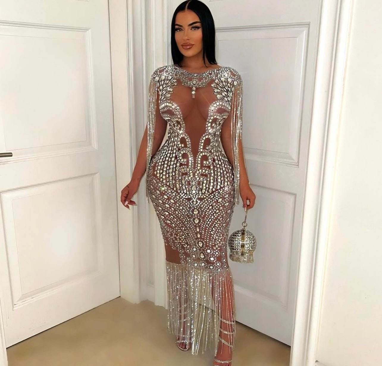 Mesh Crystal Diamond Tassel Dress - REBECATHELABEL