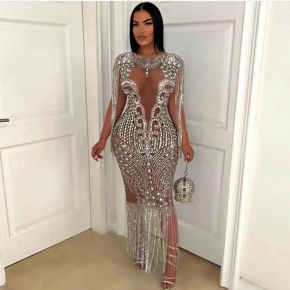 Mesh Crystal Diamond Tassel Dress - REBECATHELABEL