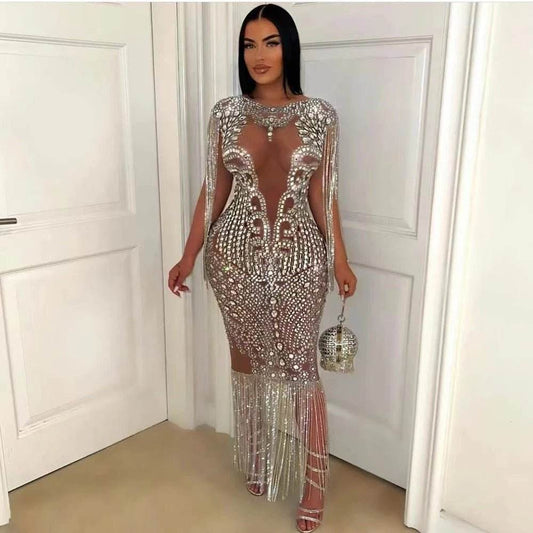 Mesh Crystal Diamond Tassel Dress - REBECATHELABEL