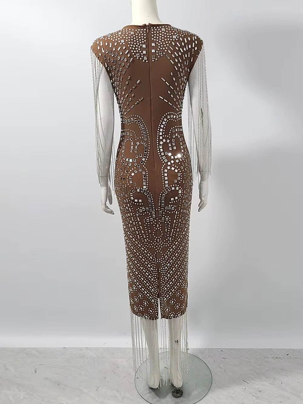 Mesh Crystal Diamond Tassel Dress - REBECATHELABEL