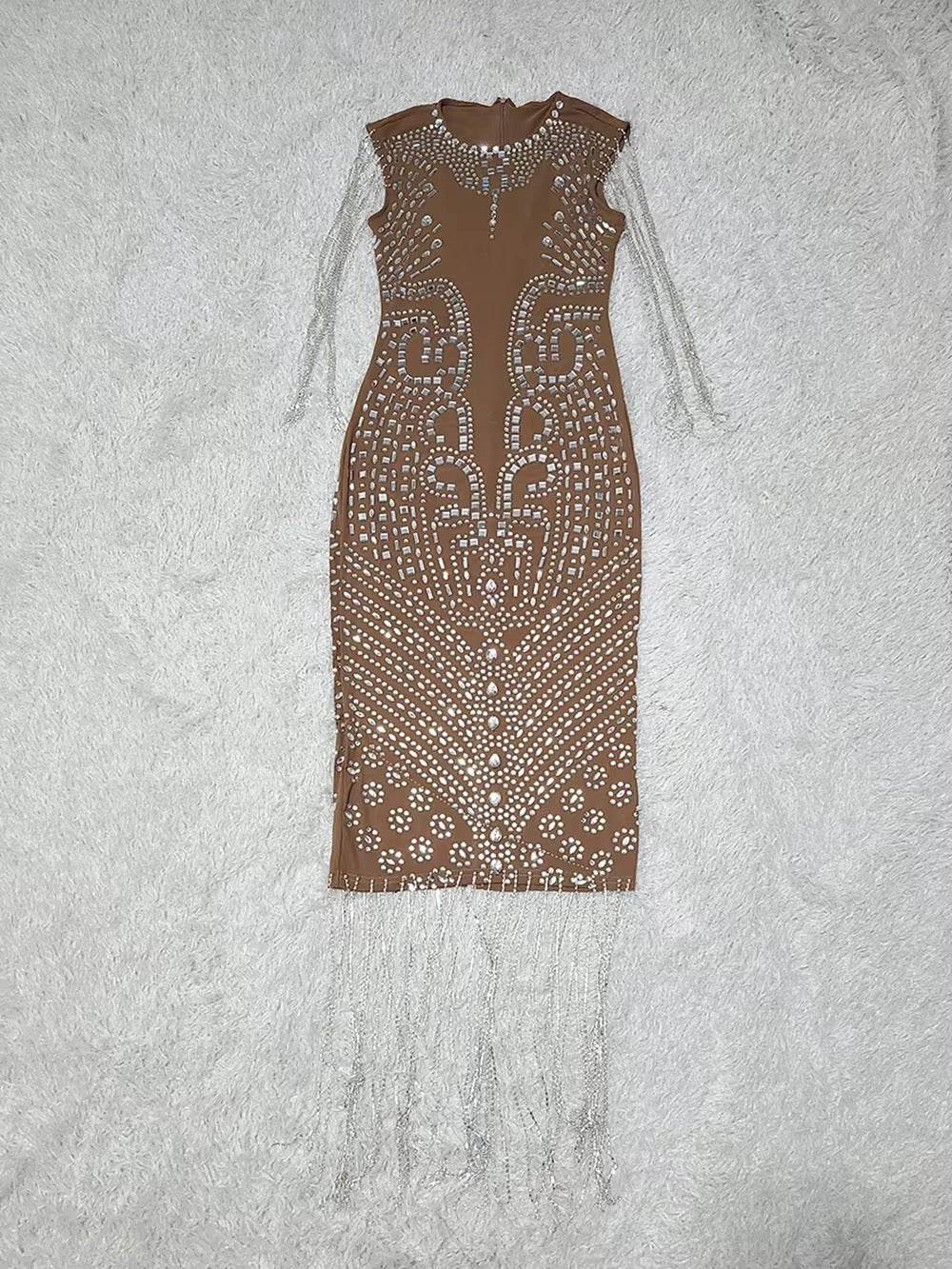 Mesh Crystal Diamond Tassel Dress - REBECATHELABEL