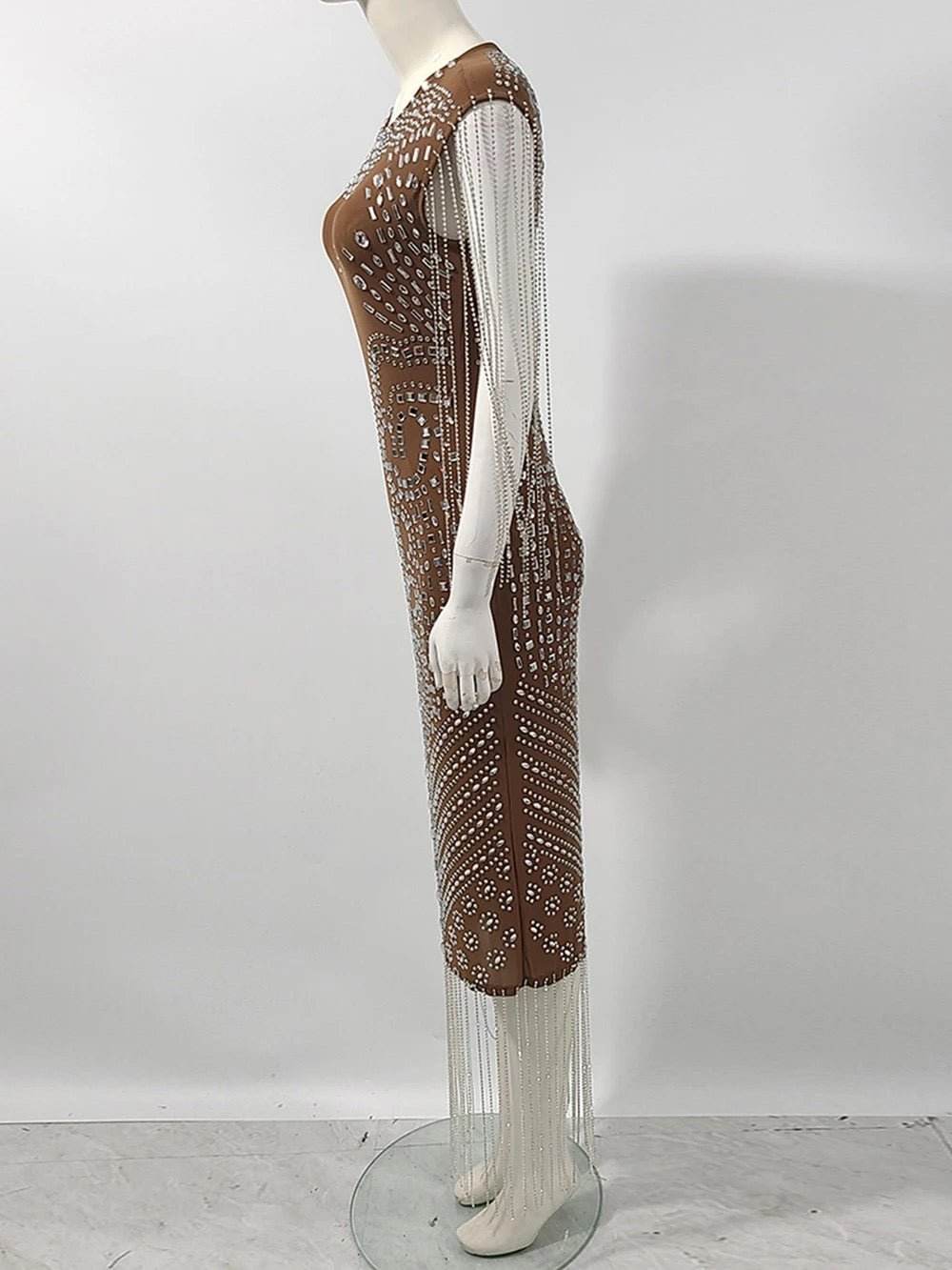 Mesh Crystal Diamond Tassel Dress - REBECATHELABEL