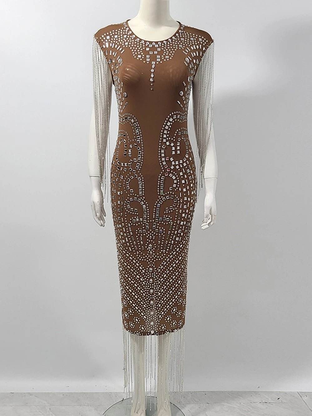 Mesh Crystal Diamond Tassel Dress - REBECATHELABEL