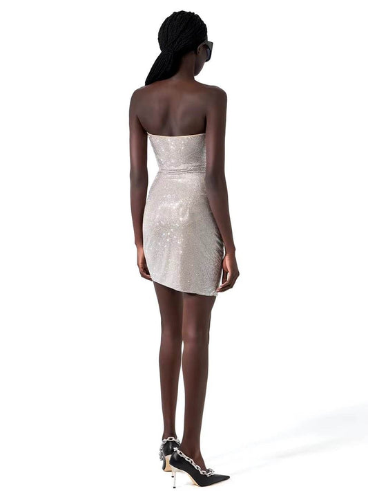 Mesh Cut Out Diamonds Crystal Strapless Tight Mini Dress - REBECATHELABEL