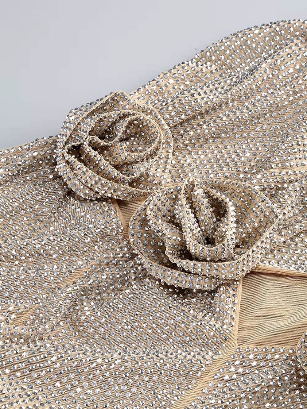 Mesh Cut Out Diamonds Crystal Strapless Tight Mini Dress - REBECATHELABEL