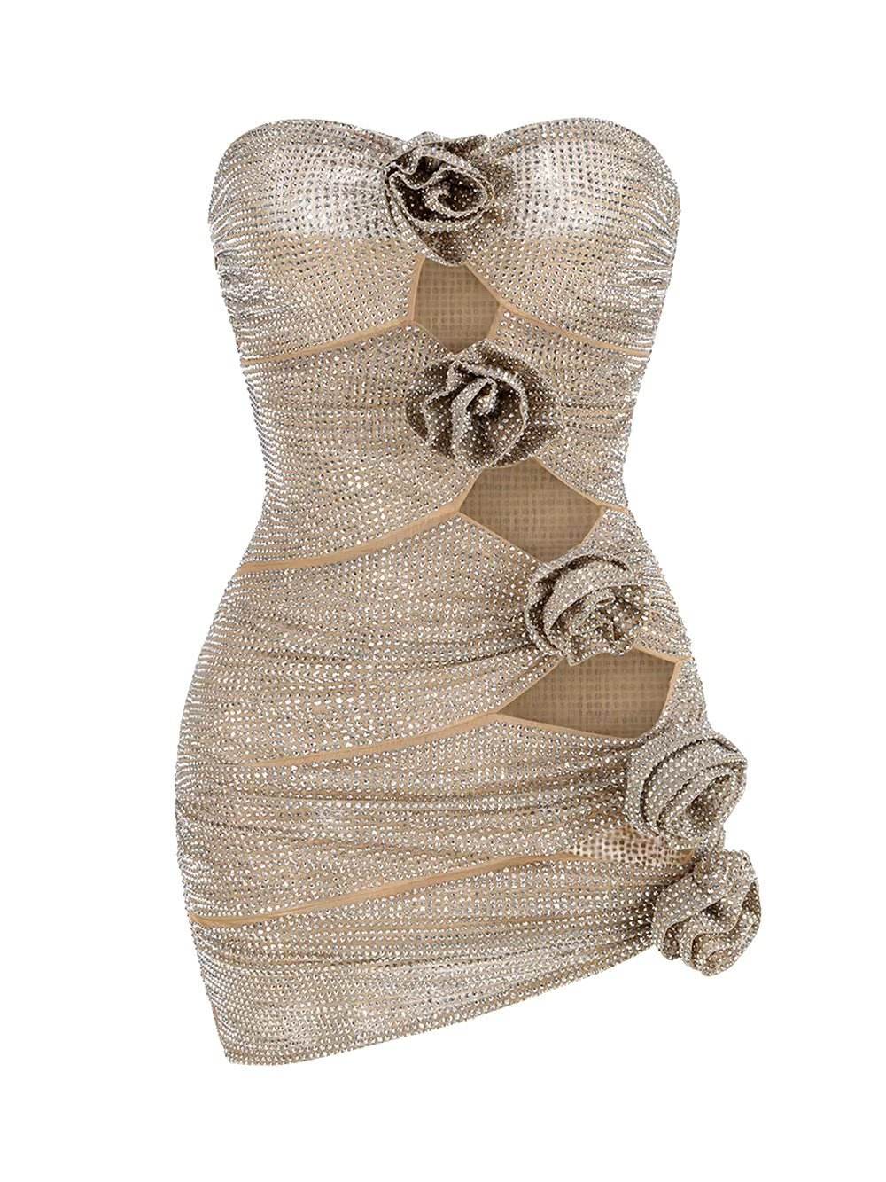 Mesh Cut Out Diamonds Crystal Strapless Tight Mini Dress - REBECATHELABEL