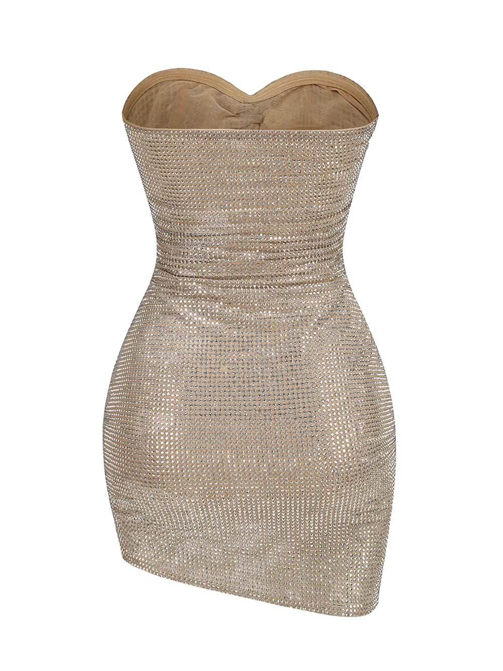 Mesh Cut Out Diamonds Crystal Strapless Tight Mini Dress - REBECATHELABEL