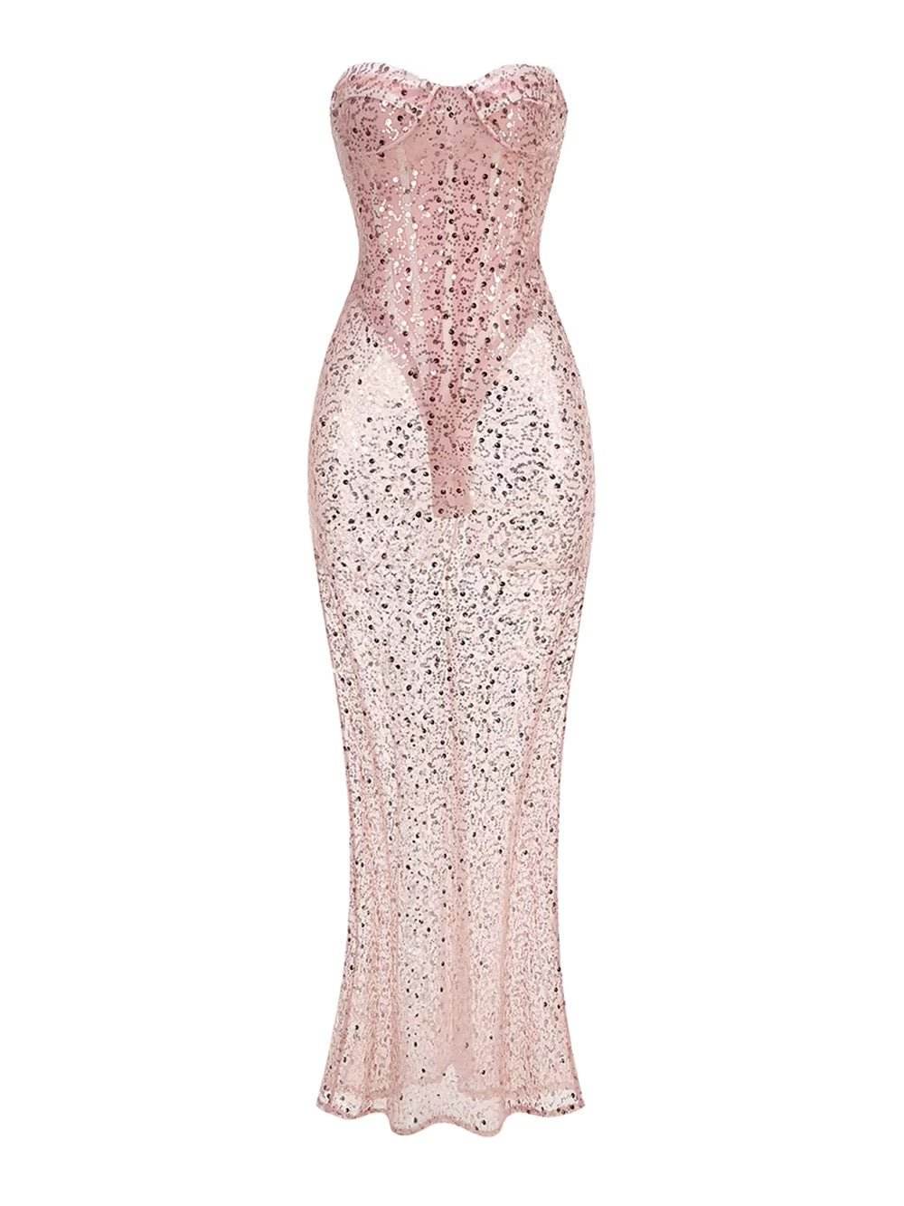 Mesh See Through Strapless Maxi Dress - REBECATHELABEL