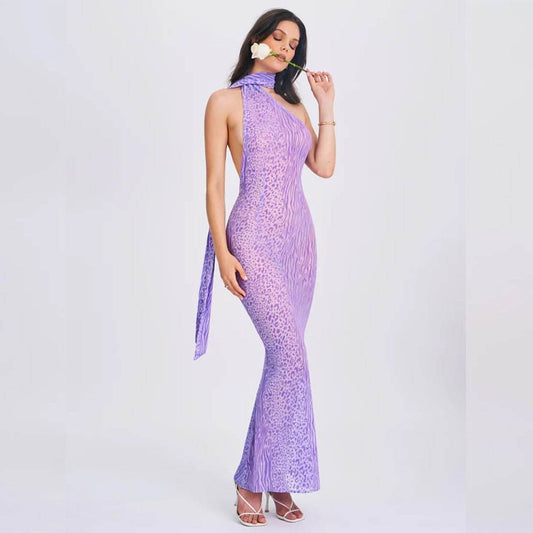 Mesh Sleeveless Sexy Leopard Print Backless Halter Dress - REBECATHELABEL