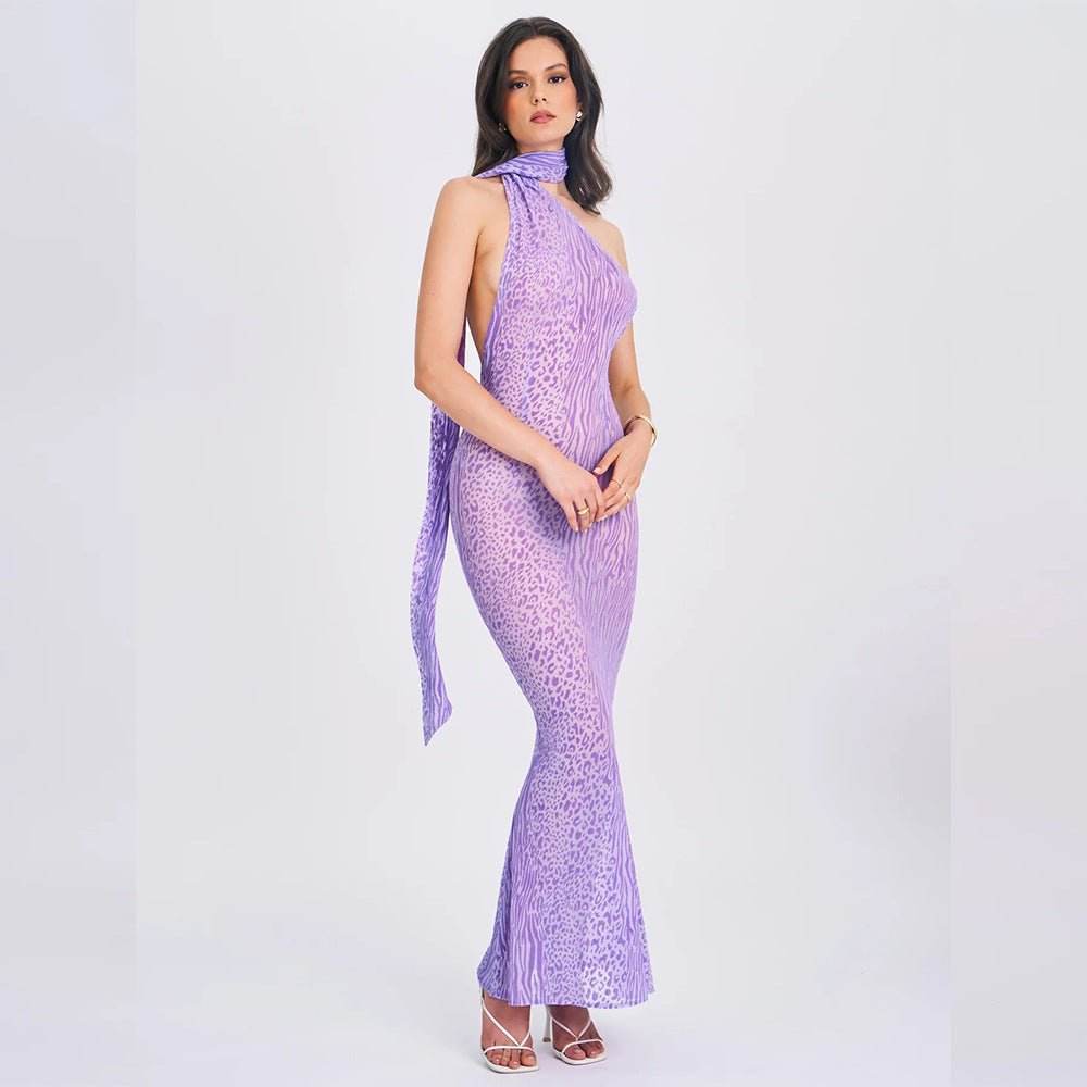 Mesh Sleeveless Sexy Leopard Print Backless Halter Dress - REBECATHELABEL