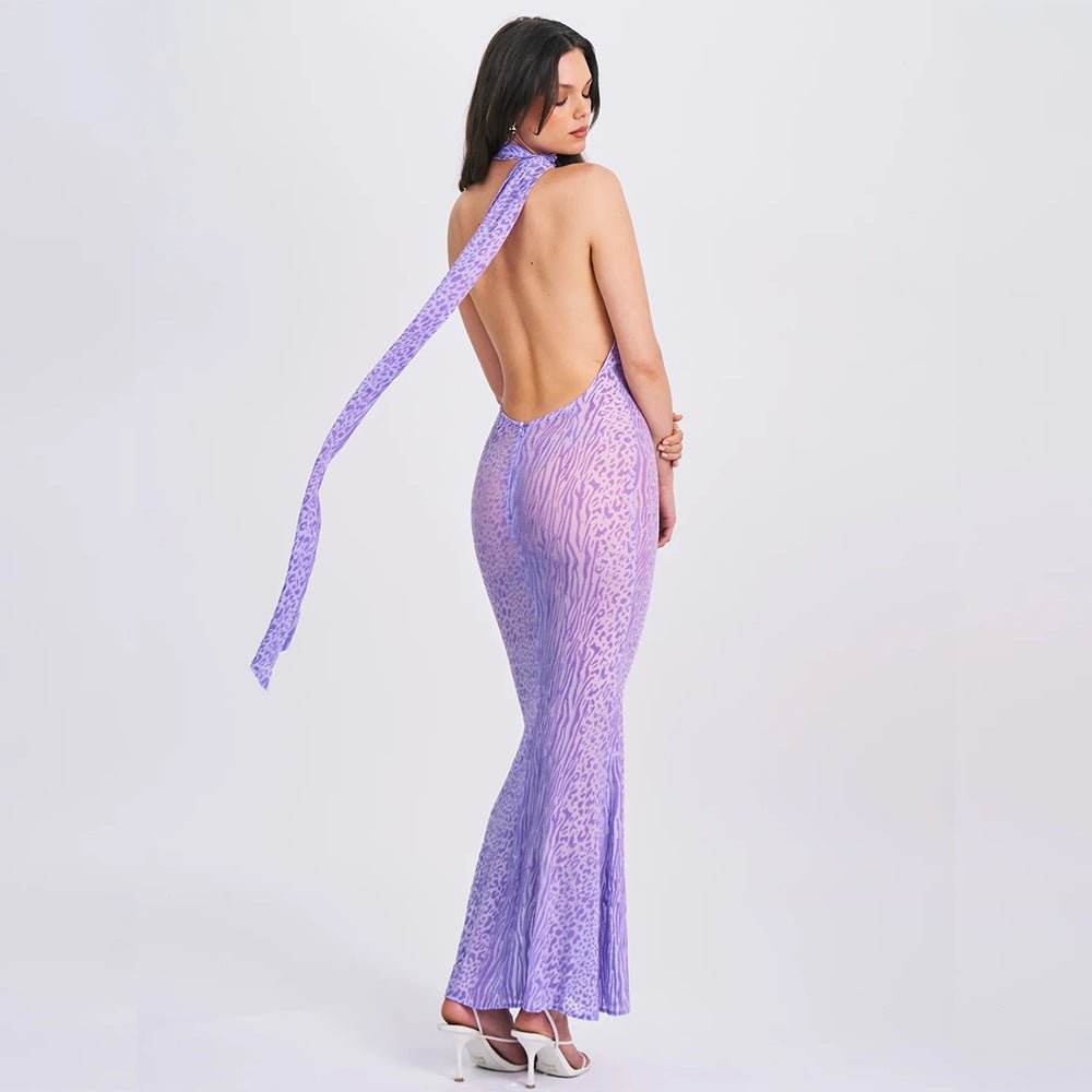 Mesh Sleeveless Sexy Leopard Print Backless Halter Dress - REBECATHELABEL