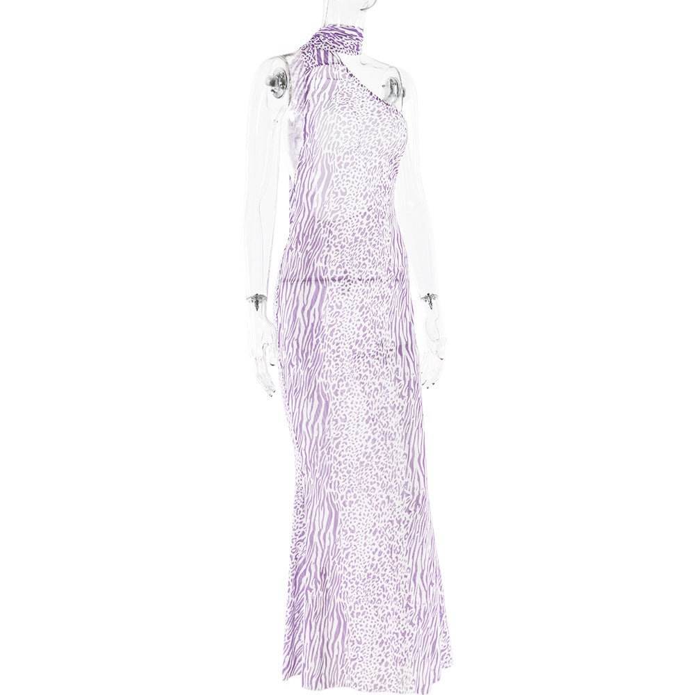 Mesh Sleeveless Sexy Leopard Print Backless Halter Dress - REBECATHELABEL