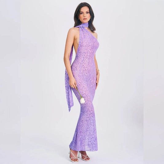 Mesh Sleeveless Sexy Leopard Print Backless Halter Dress - REBECATHELABEL