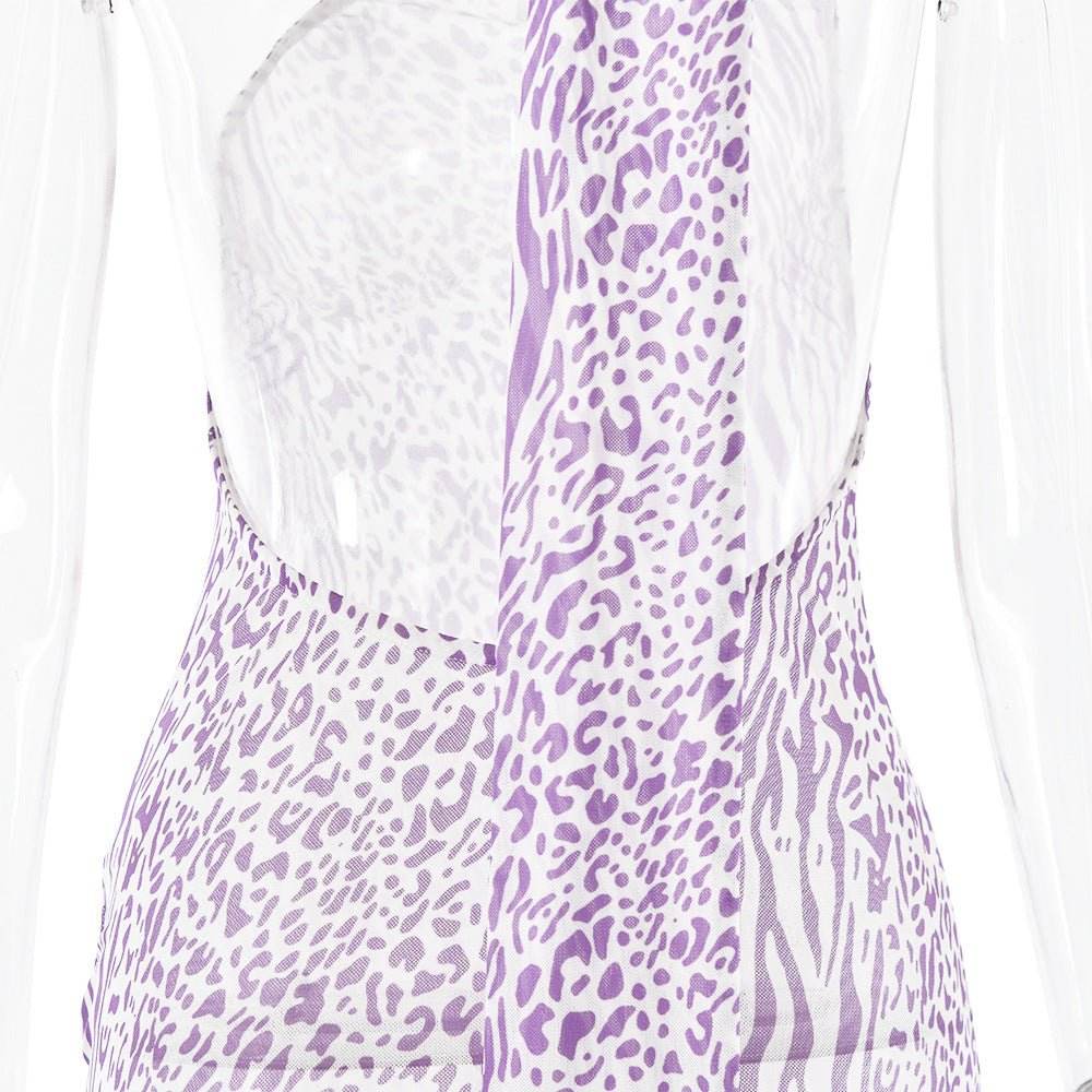 Mesh Sleeveless Sexy Leopard Print Backless Halter Dress - REBECATHELABEL