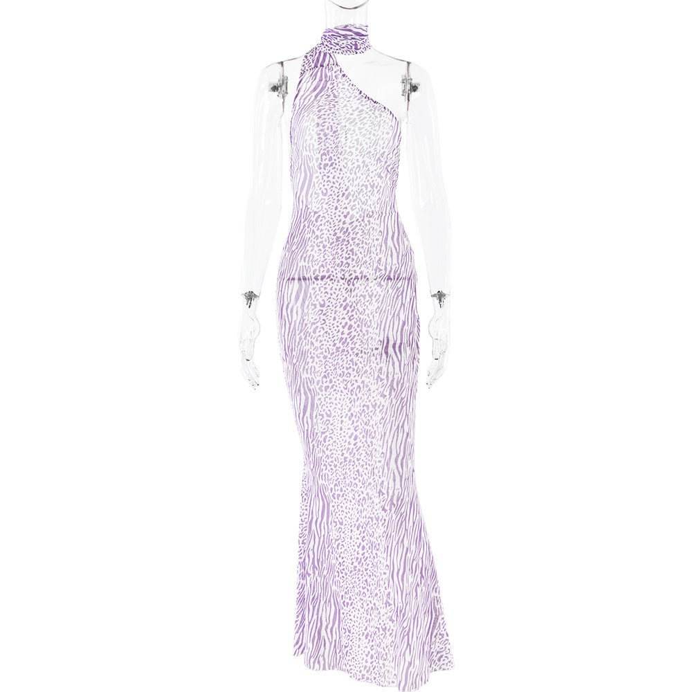 Mesh Sleeveless Sexy Leopard Print Backless Halter Dress - REBECATHELABEL