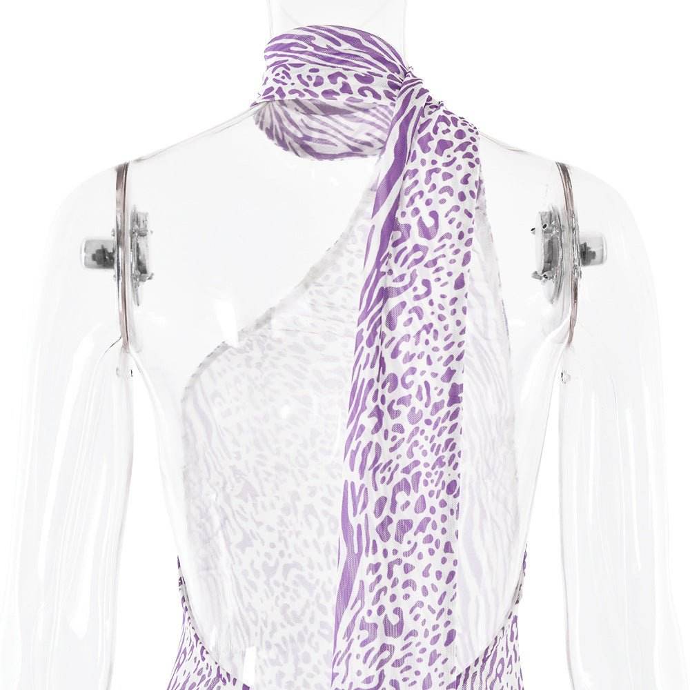 Mesh Sleeveless Sexy Leopard Print Backless Halter Dress - REBECATHELABEL