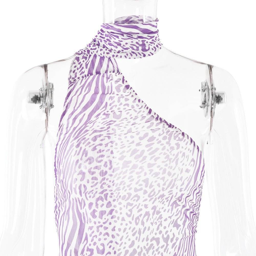 Mesh Sleeveless Sexy Leopard Print Backless Halter Dress - REBECATHELABEL