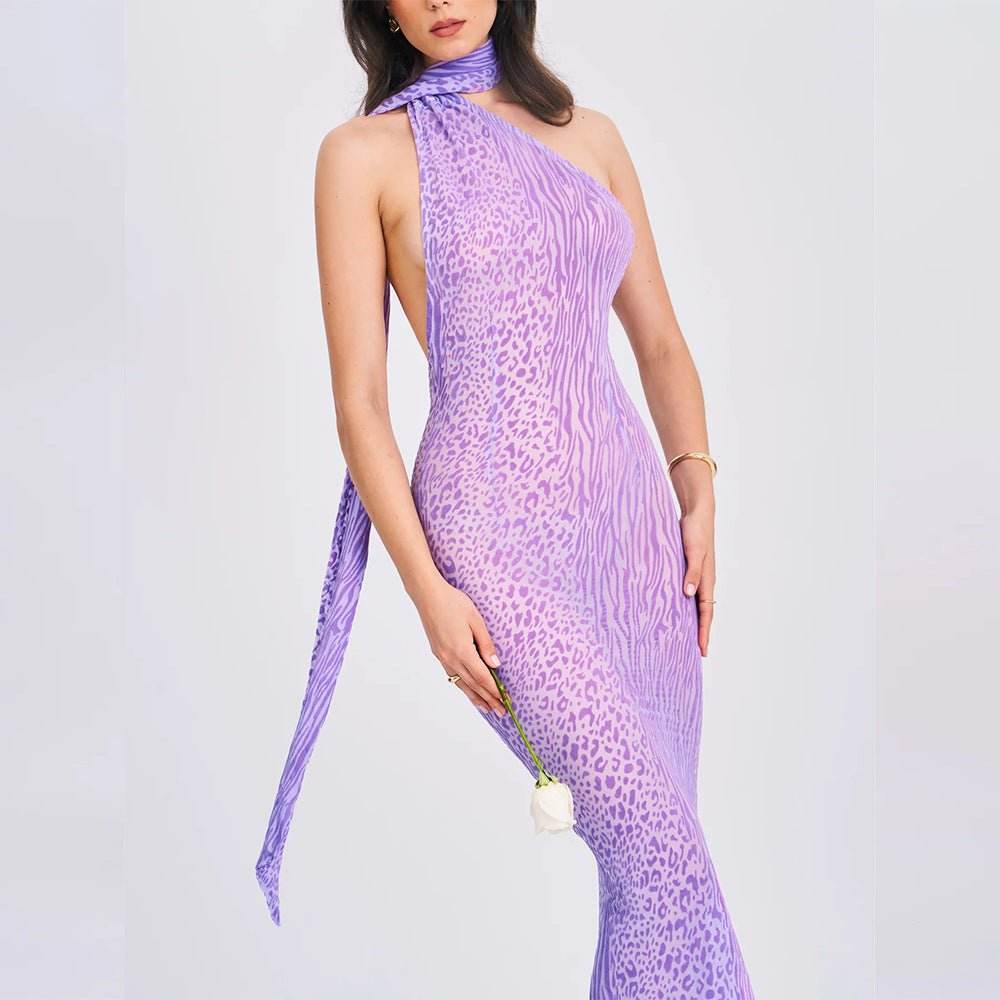 Mesh Sleeveless Sexy Leopard Print Backless Halter Dress - REBECATHELABEL