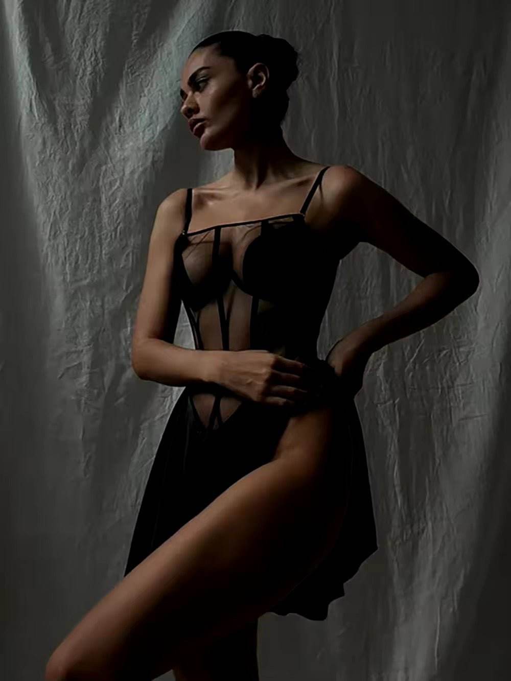 Mesh Spaghetti Strap A-Line Dress Femme Patchwork Sleeveless Backless dress - REBECATHELABEL