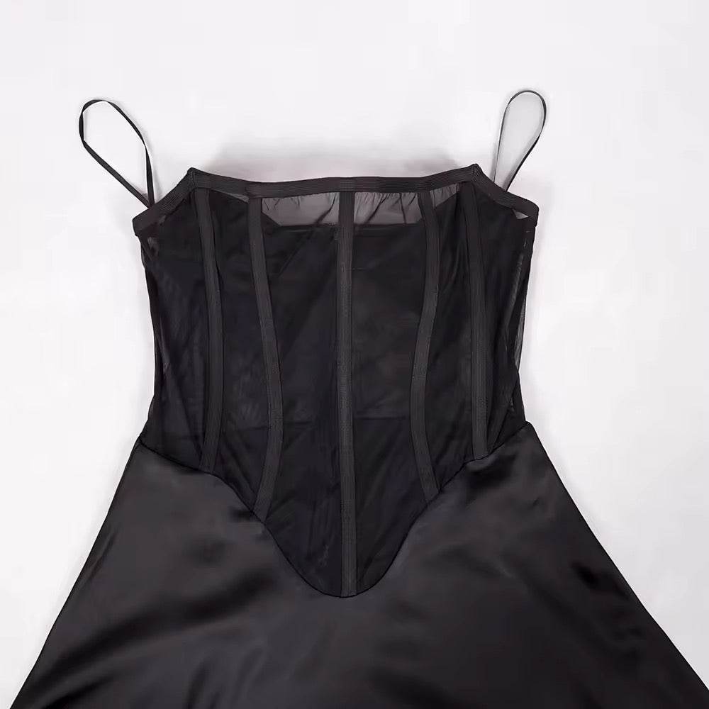 Mesh Spaghetti Strap A-Line Dress Femme Patchwork Sleeveless Backless dress - REBECATHELABEL