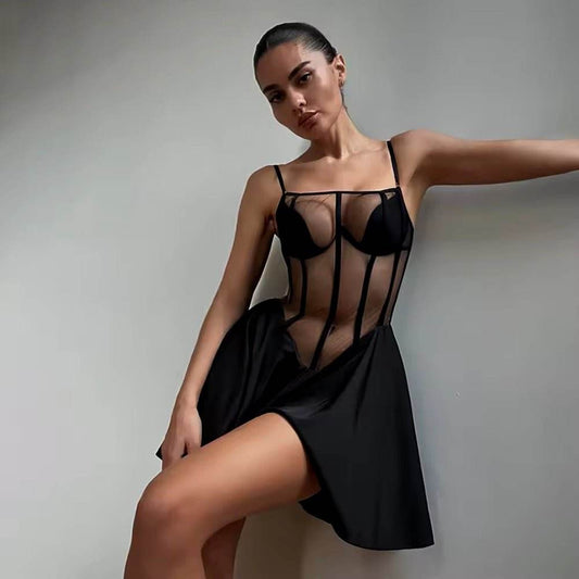 Mesh Spaghetti Strap A-Line Dress Femme Patchwork Sleeveless Backless dress - REBECATHELABEL