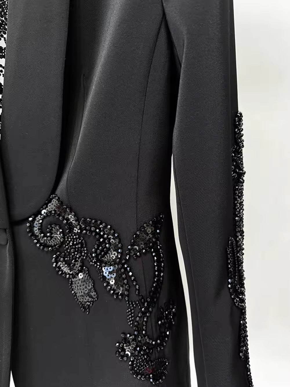 Mesh Splicing Bead Sequin Blazer Wide legs Chiffon Pants Set - REBECATHELABEL