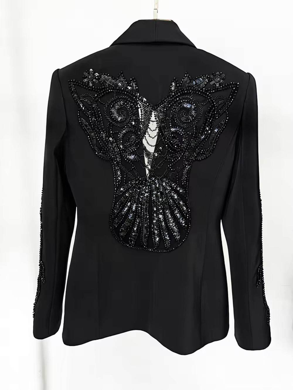 Mesh Splicing Bead Sequin Blazer Wide legs Chiffon Pants Set - REBECATHELABEL