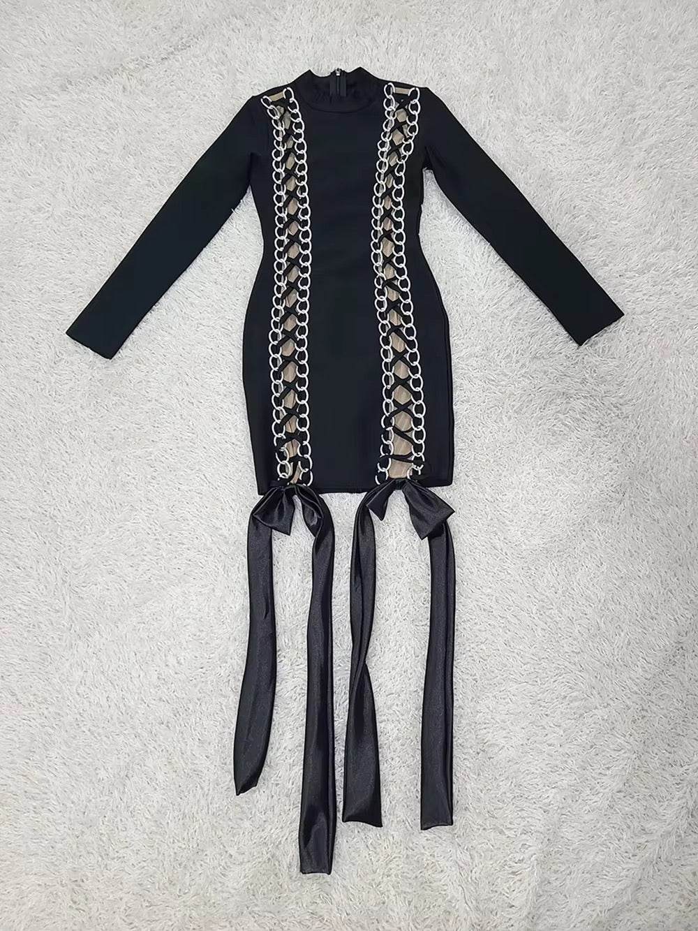 Metal Chain Lace Up Tight Mini Dress - REBECATHELABEL