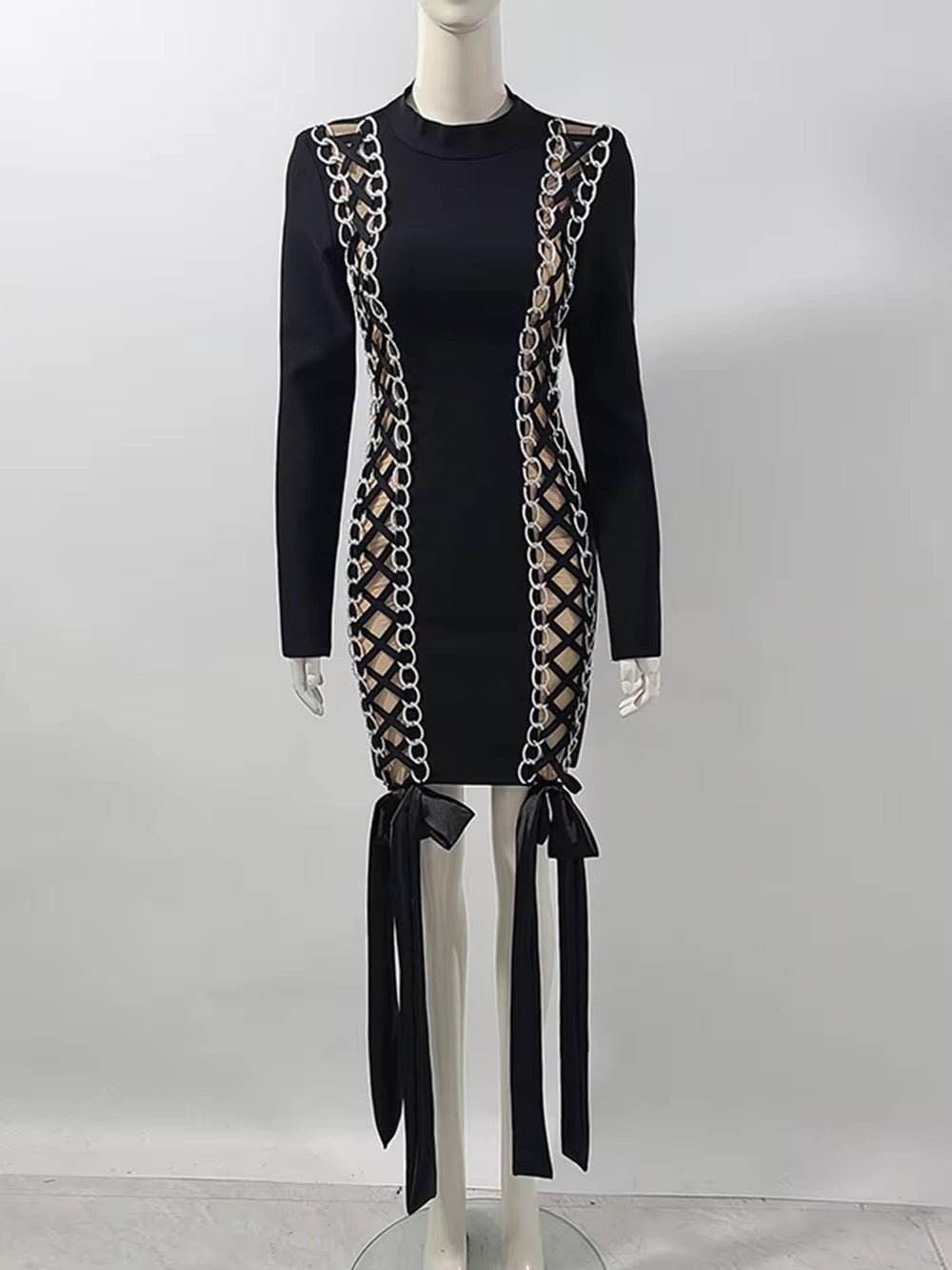 Metal Chain Lace Up Tight Mini Dress - REBECATHELABEL