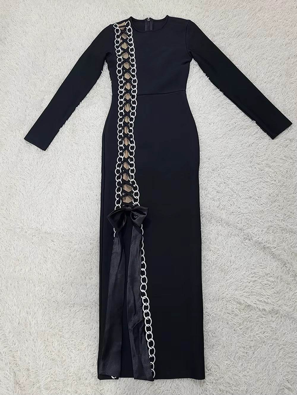 Metal Chain Side Split Lace Up Tight Maxi Dress - REBECATHELABEL