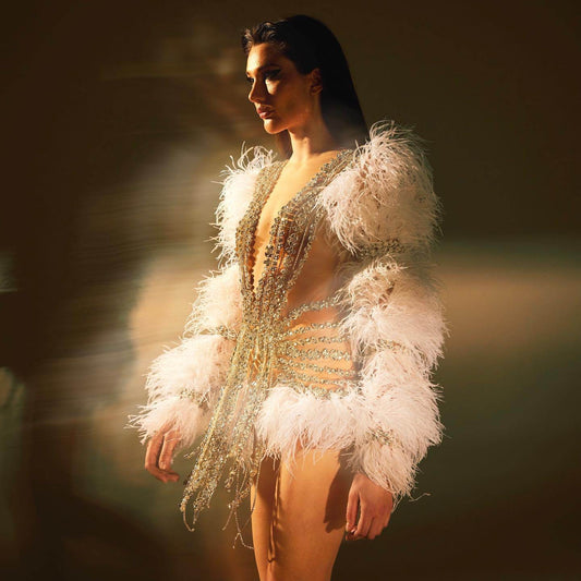 Milan feather mini rhinestone dress - REBECATHELABEL